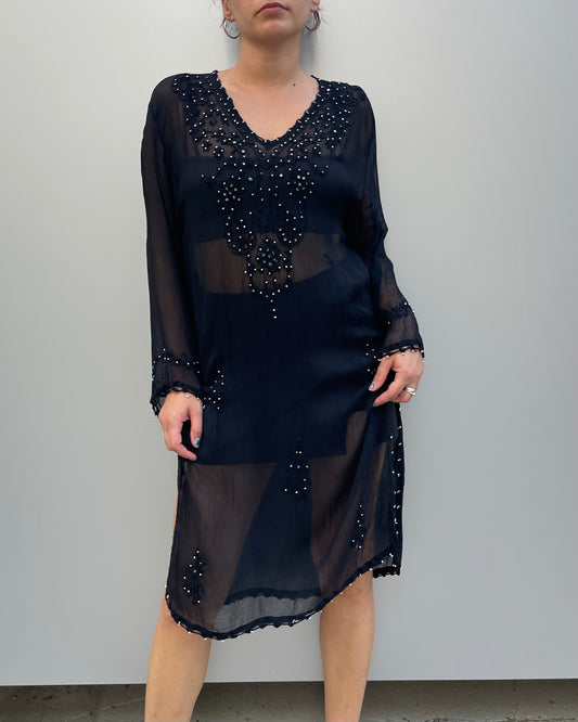 Beaded sheer mesh midi dress