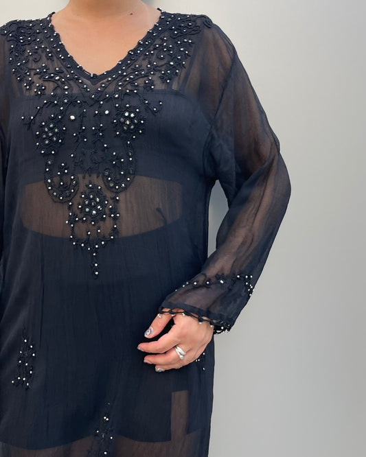 Beaded sheer mesh midi dress