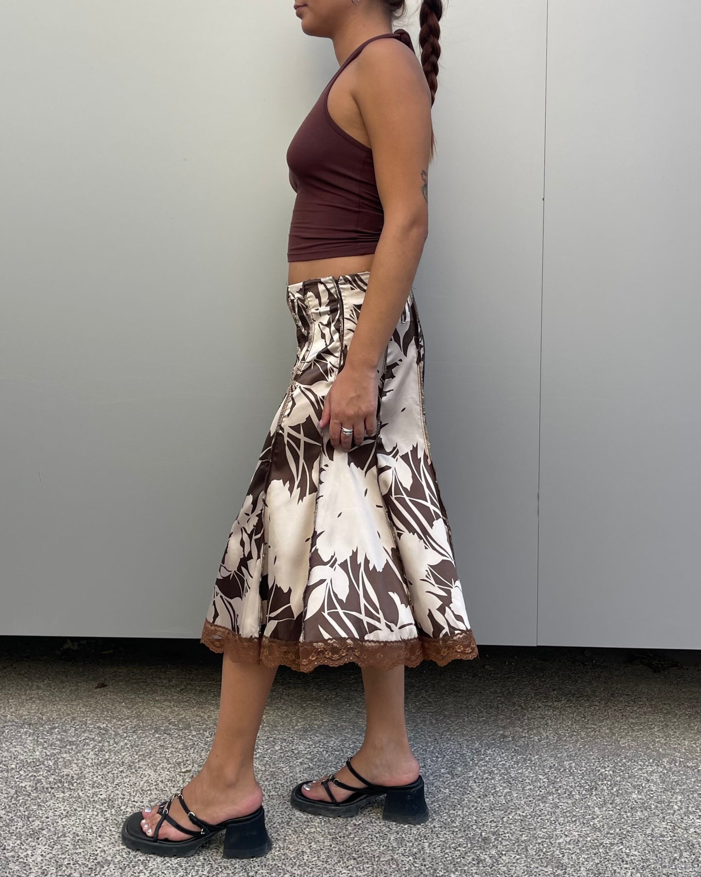 Satin floral midi skirt